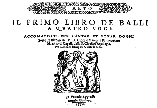 Frontespizio primo libro de balli Mainerio Dramsam
